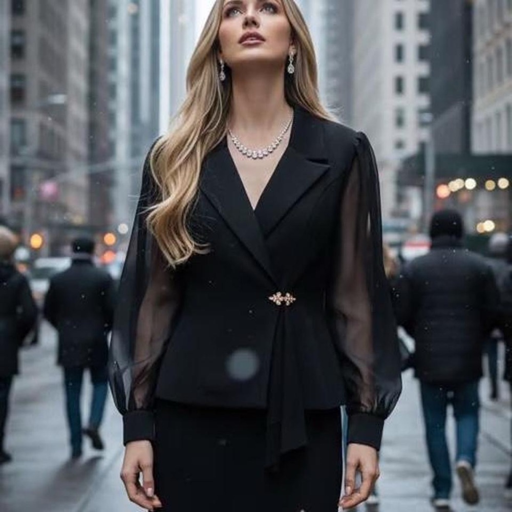 Alex Evenings Black Women's suit W sheer sleeves gold detail & long slit skirt 4